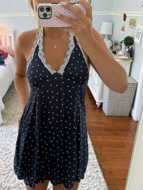 Navy Polka Dot Lace-Trim Halter Dress